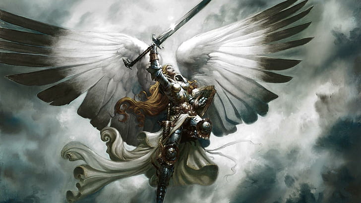 Angel Warrier, жена в броня костюм графики, момиче, меч, красива, броня, жена, рицар, небето, ангел, крила, щит, боец, притеснител, 3d и ab, HD тапет