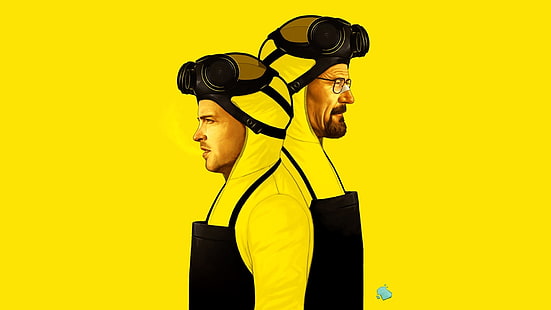двама мъже, облечени в костюм на Minions, Breaking Bad, Jessie Pinkman, Walter White, yellow, TV, HD тапет HD wallpaper