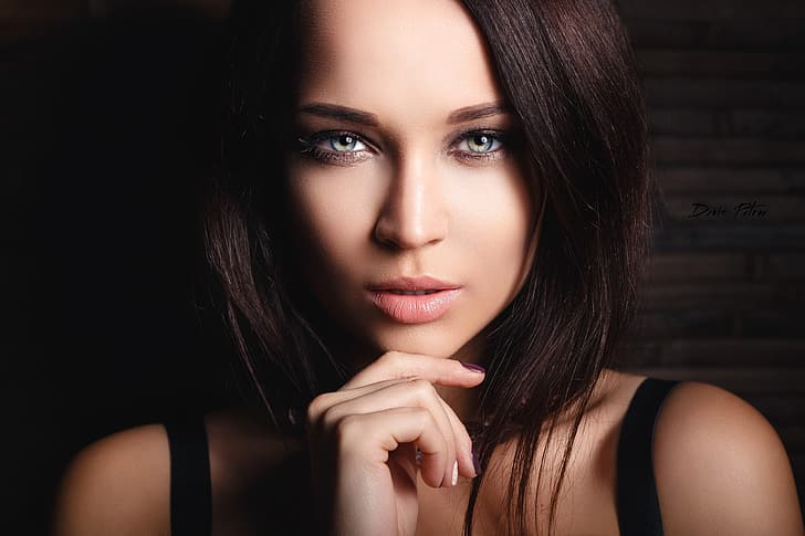 girl, long hair, photo, photographer, blue eyes, model, bokeh, lips, face, brunette, black hair, portrait, mouth, close up, strap, looking at camera, depth of field, straight hair, bare shoulders, Denis Petrov, Angelina Petrova, looking at viewer, HD wallpaper