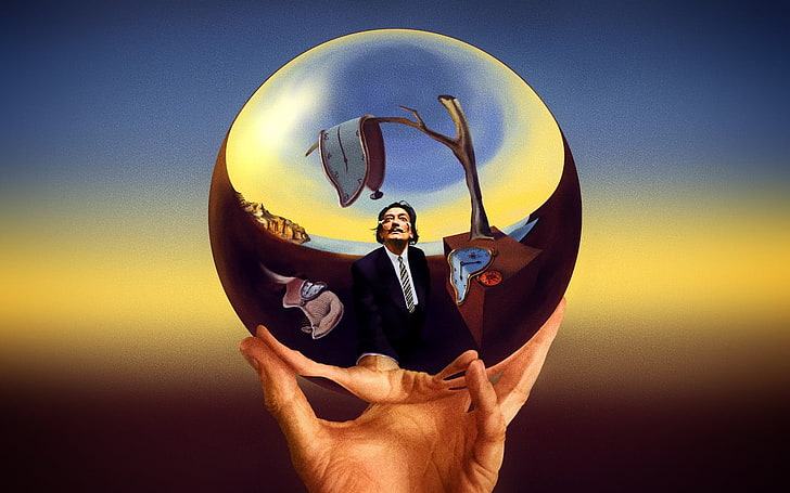 person holding Persistense, digital art, 3D, M. C. Escher, sphere, Salvador Dalí, reflection, hands, fingers, self portraits, surreal, men, trees, clocks, artwork, painters, moustache, crossover, HD wallpaper