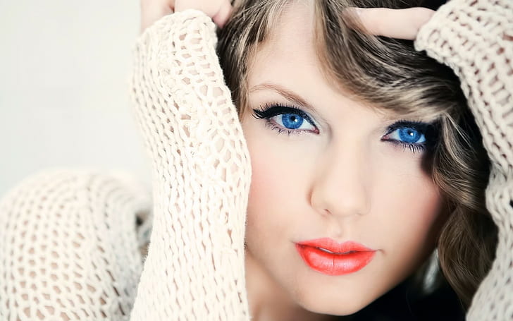 ผู้หญิงเสื้อกันหนาวตาสีฟ้าลิปสติกสีแดง Taylor Swift นักร้องหน้าคนดัง, วอลล์เปเปอร์ HD