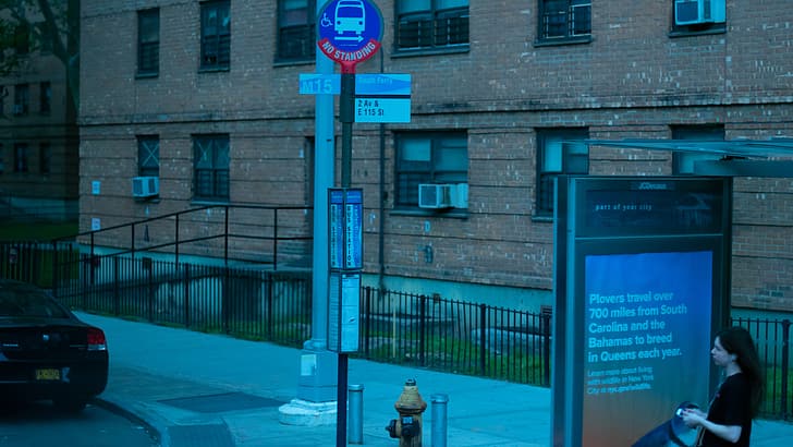 bus stop, New York City, road sign, fire hydrants, bricks, handrail, sidewalks, listening to music, headphones, HD wallpaper