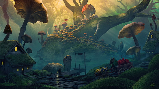  Fantasy, Landscape, House, Mouse, Mushroom, Turtle, HD wallpaper HD wallpaper