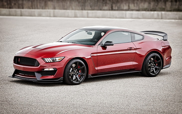 white coupe, ford mustang, gt350r, shelby, red, side view, HD wallpaper