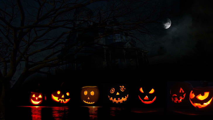 Halloween Jacks, pumpkin, jack-o-lantern, halloween, moon, haunted, 3d and abstract, HD wallpaper