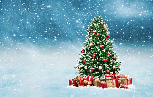 Christmas, 5K, fir-tree, snow, New Year, gifts, HD wallpaper HD wallpaper