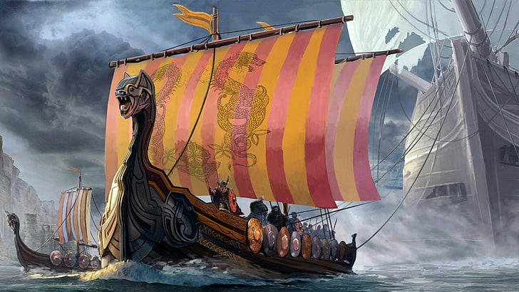 fantasi, fartyg, viking, segelfartyg, karavell, vattenfarkost, segel, galeas, segelbåt, vikingafartyg, kombi, HD tapet