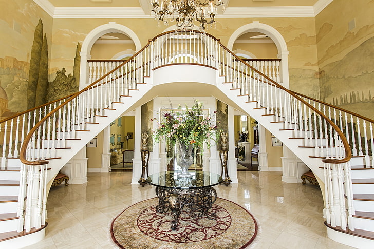 white stairs, flowers, design, ladder, luxury, hall, HD wallpaper