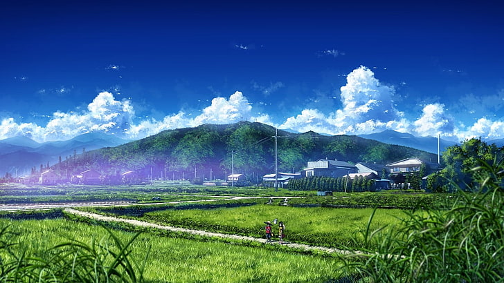 campo de hierba, arte de fantasía, anime, cielo, nubes, obras de arte, paisaje, Fondo de pantalla HD