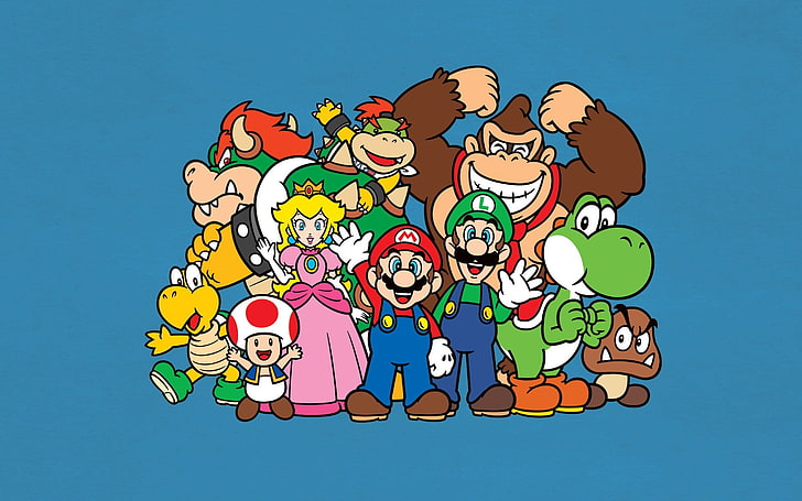 Süper Mario karakterler duvar kağıdı, mario bros, luigi, yoshi, prenses şeftali, eşek kong, kurbağa, HD masaüstü duvar kağıdı
