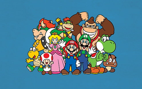 Süper Mario karakterler duvar kağıdı, mario bros, luigi, yoshi, prenses şeftali, eşek kong, kurbağa, HD masaüstü duvar kağıdı HD wallpaper