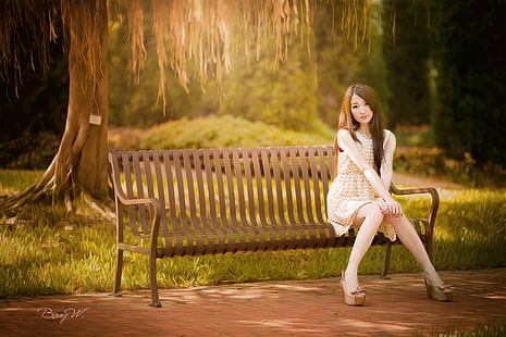 woman in beige dress sitting on bench chair, women, outdoors, summer, nature, beautiful, smiling, people, lifestyles, caucasian Ethnicity, park - Man Made Space, females, fashion, adult, relaxation, beauty, cheerful, happiness, young Adult, sitting, HD wallpaper HD wallpaper