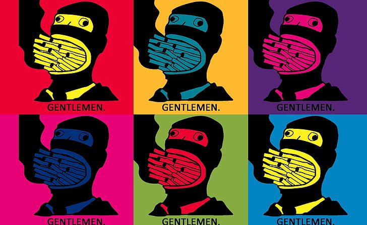 Gentlemen Pop Art, sex personer i olika färger med cigarettpinnar i muncollage, roligt, herrar, HD tapet