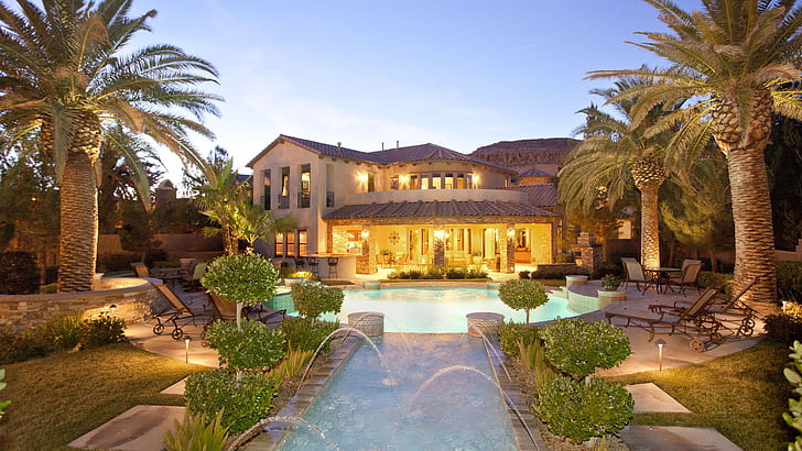ev, arka bahçe, yüzme havuzu, palmiye ağaçları, San Alivia, Las Vegas, HD masaüstü duvar kağıdı