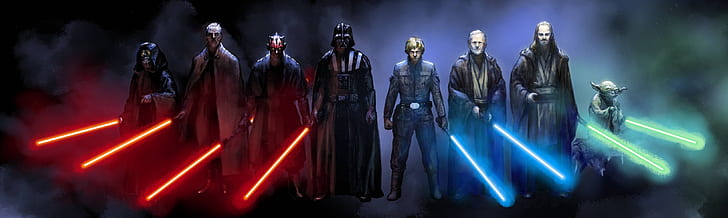 Gwiezdne wojny, niebieski miecz świetlny, hrabia Dooku, Darth Maul, Darth Sidious, Darth Vader, zielony miecz świetlny, Jedi, miecz świetlny, Luke Skywalker, człowiek, Obi-Wan Kenobi, Qui-gon Jinn, czerwony miecz świetlny, Sith (Gwiezdne wojny), Yoda, Tapety HD