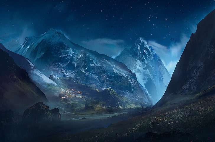 gunung biru dan hitam, seni digital, alam, lanskap, bukit, awan, Sergey Zabelin, pegunungan, puncak bersalju, malam, bintang, batu, gereja, desa, lembah, tanaman, seni fantasi, Wallpaper HD
