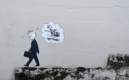 Calvin and Hobbes Thought Banksy Graffiti HD, digital / artwork, e, graffiti, calvin, hobbes, banksy, pensiero, Sfondo HD HD wallpaper