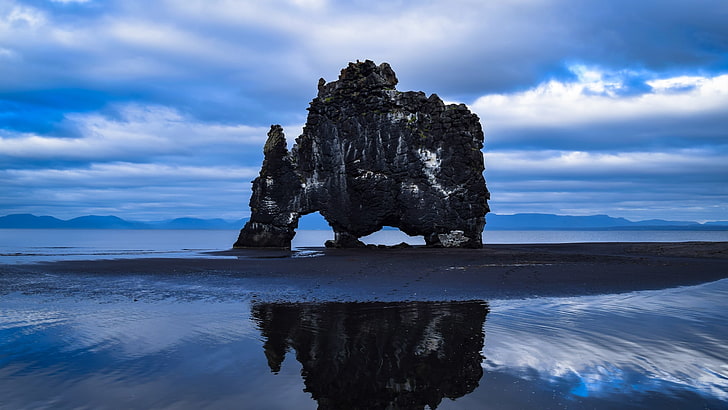 rocher, mer, côte, Islande, Hvítserkur, eau, ciel, nature, bleu, nuages, Fond d'écran HD