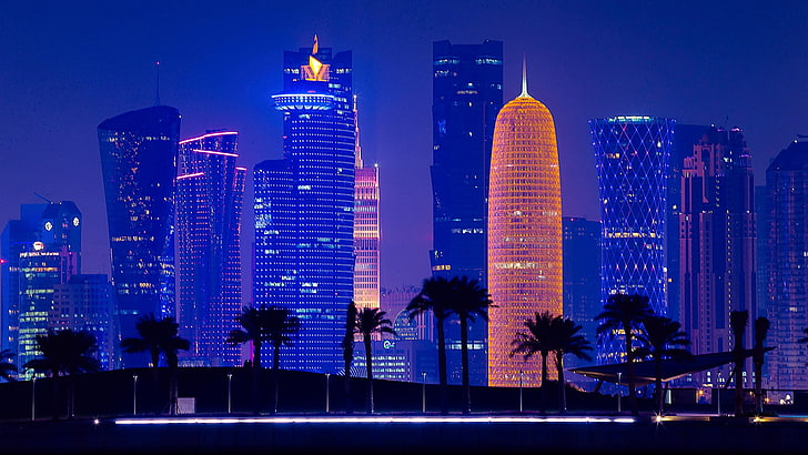 qatar, silhouette, palms, sky, asia, downtown, tower, night, tower block, doha, landmark, skyscraper, metropolis, blue, skyline, city, cityscape, HD wallpaper