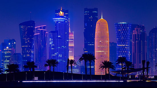 qatar, silhouette, palms, sky, asia, downtown, tower, night, tower block, doha, landmark, skyscraper, metropolis, blue, skyline, city, cityscape, HD wallpaper HD wallpaper