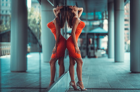 women, tanned, orange dress, glass, reflection, high heels, closed eyes, HD wallpaper HD wallpaper