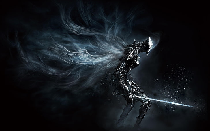 робот, държащ меч илюстрация, Dark Souls, Dark Souls III, видео игри, произведения на изкуството, концептуално изкуство, рицар, воин, броня, меч, оръжие, тъмно, HD тапет