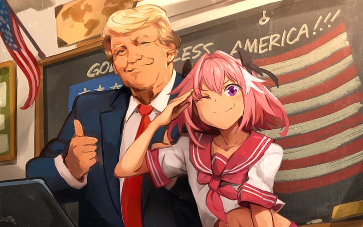 dziewczyny z anime, Donald Trump, seriale Fate, Fate/Apocrypha, humor, Astolfo (Fate/Apocrypha), Tapety HD