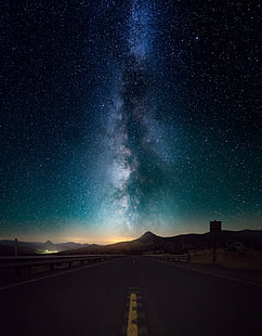 milky way, starry sky, horizon, night, road, HD wallpaper HD wallpaper