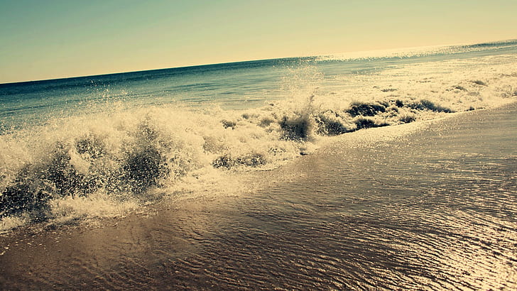плаж, море, вълни, капки вода, корекция на цветовете, HD тапет
