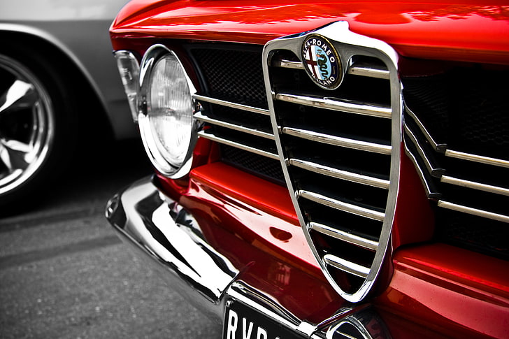 chrome Alfa Romeo front grille, macro, red, Alfa Romeo, logo, HD wallpaper