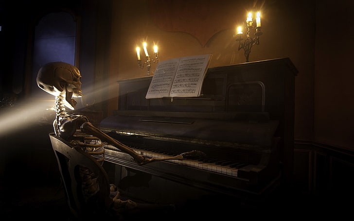 crânio tocando piano ilustração, arte digital, crânio, esqueleto, morte, boca aberta, tocando, raios de sol, velas, cadeira, sessão, HD papel de parede