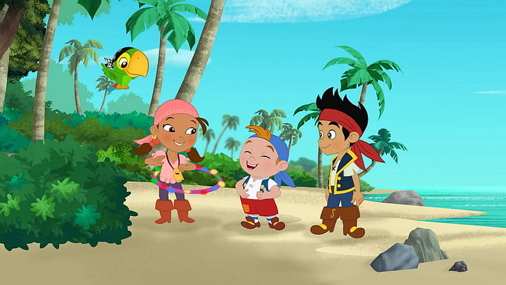 Телевизионно предаване, Джейк и пиратите без земя, плаж, дете, палмово дърво, папагал, пират, скала, пясък, растителност, HD тапет