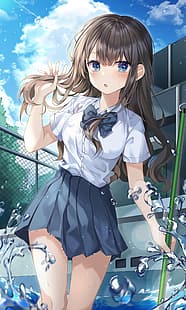 anime, chicas anime, uniforme escolar, ojos azules, Fondo de pantalla HD HD wallpaper
