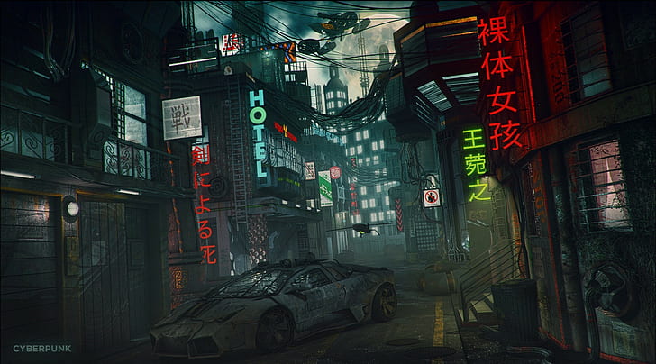 Футуристичен, град, улица, Япония, илюстрация на киберпънк улица, футуристичен, град, улица, Япония, HD тапет