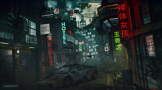 Futurystyczny, Miasto, Ulica, Japonia, ilustracja cyberpunk uliczna, futurystyczny, miasto, ulica, japonia, Tapety HD HD wallpaper