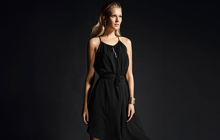 garota, modelo, vestido, preto, loira, pulseira, Toni Garrn, HD papel de parede