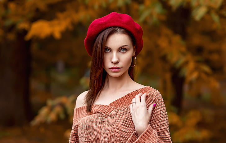 autumn, look, trees, nature, pose, Park, background, model, portrait, makeup, hairstyle, brown hair, beauty, takes, bokeh, A Diakov George, Georgy Dyakov, HD wallpaper