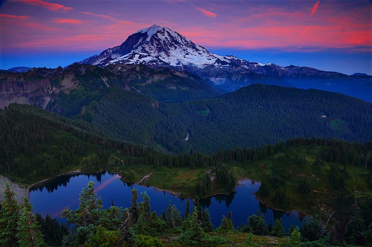 Mount Rainier, Washington, Vulkan, See, Wald, roter Himmel, orangefarbener Himmel, Sonnenuntergang, Sonnenaufgang, Landschaft, Berge, HD-Hintergrundbild