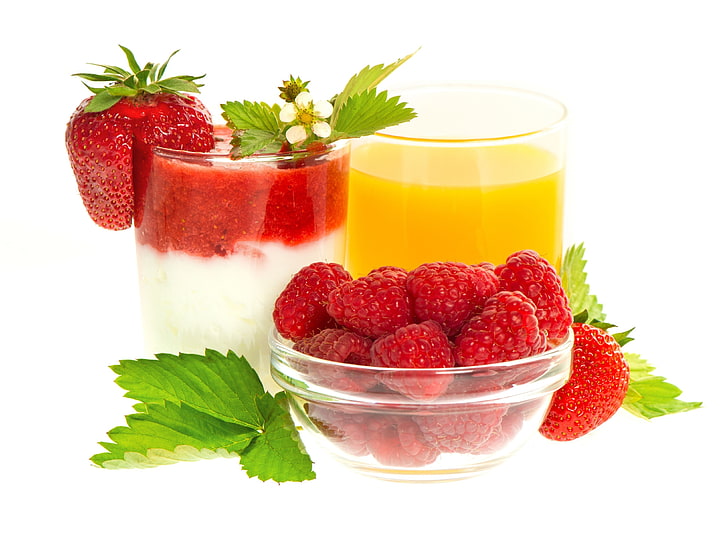 raspberries, berries, raspberries, strawberries, dessert, juice, HD wallpaper