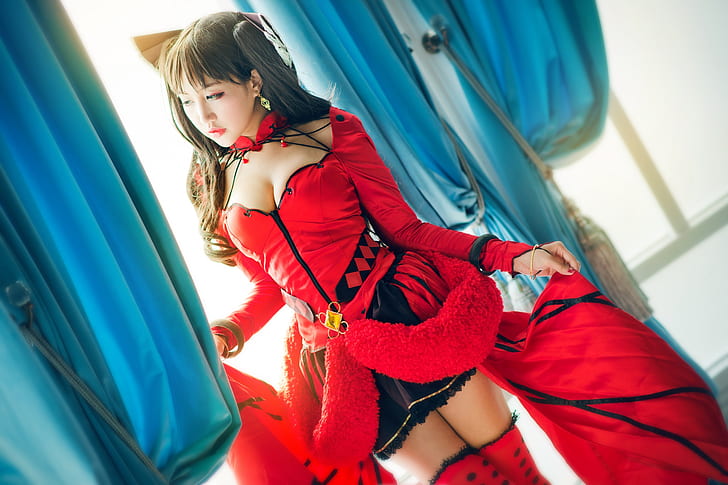 chest, look, girl, light, red, face, pose, style, background, room, blue, hair, stockings, hands, figure, brunette, window, costume, outfit, neckline, image, Asian, curtains, cutie, the room, cosplay, hem, bangs, HD wallpaper