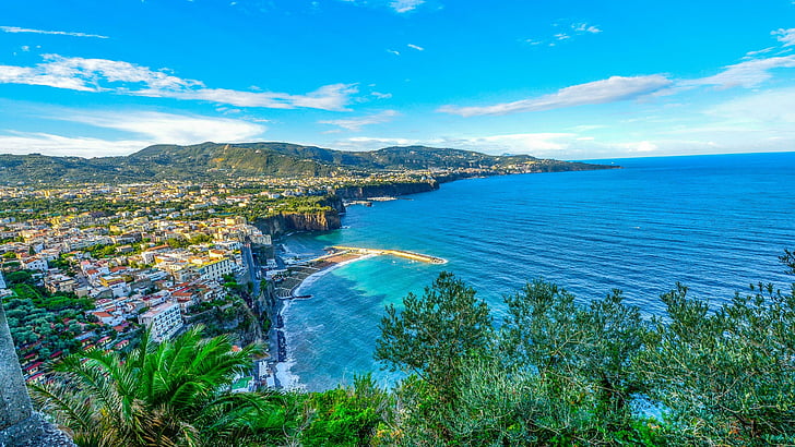 amalfi, italie, arbres, mer, bleu, ciel, Fond d'écran HD