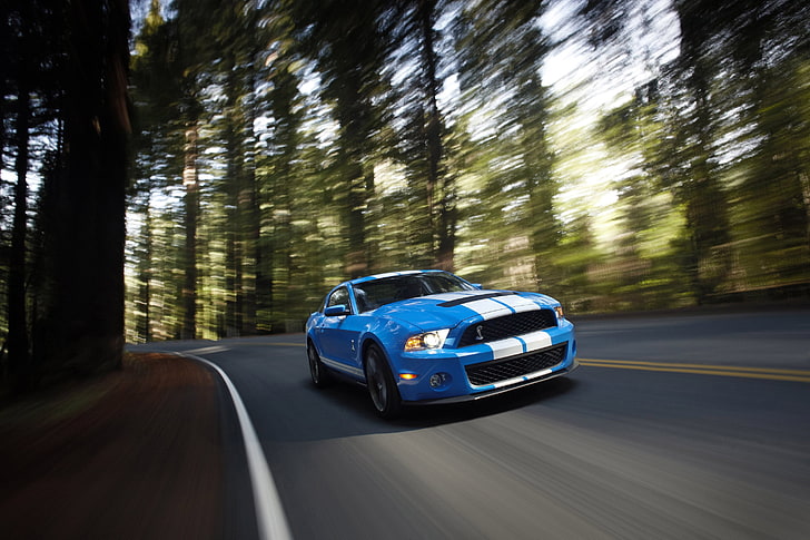 car, Ford, Ford Mustang, Shelby GT500, Ford Mustang Shelby, blurred, road, trees, HD wallpaper