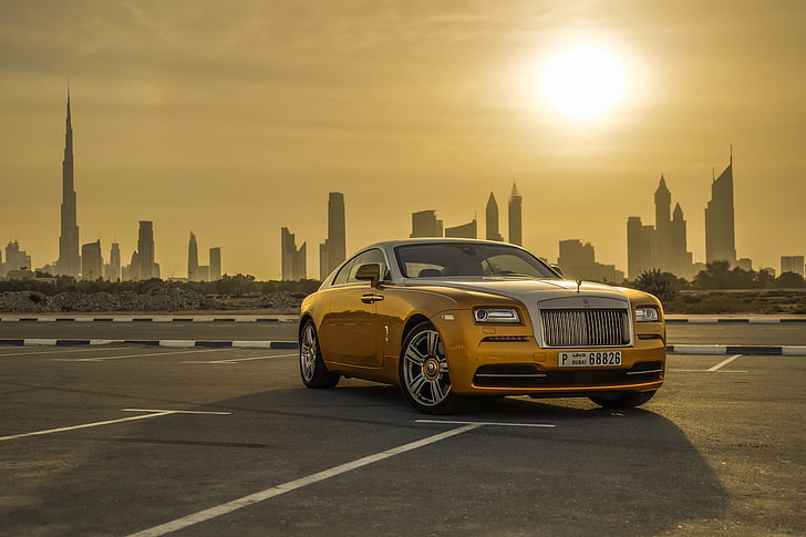 żółte coupe, Rolls-Royce, Samochód, Dubaj, Złoto, Luksus, Wraith, Pejzaż miejski, Tapety HD