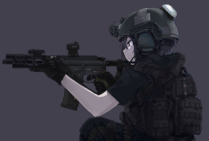 аниме армейский персонаж, аниме, аниме девушки, броня, черные волосы, перчатки, пистолет, оружие, короткие волосы, шлем, наушники, HK 416, Aimpoint, HD обои