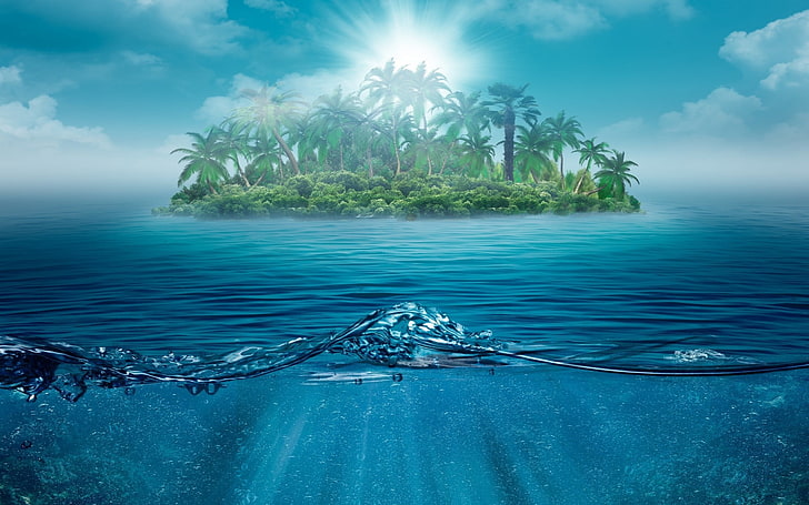 blaues und weißes Blumentextil, Insel, geteilte Ansicht, Wasser, HD-Hintergrundbild