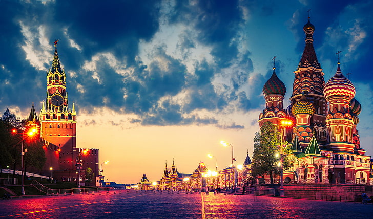 Russia mosque, clouds, lights, Moscow, The Kremlin, St. Basil's Cathedral, Russia, Red square, twilight, HD wallpaper
