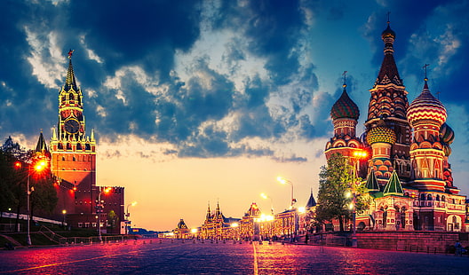 Русия джамия, облаци, светлини, Москва, Кремъл, катедралата Свети Василий, Русия, Червен площад, здрач, HD тапет HD wallpaper