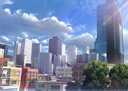 anime landscape, city, buildings, realistic, Anime, HD wallpaper HD wallpaper