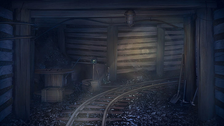 papier peint de rail de train en bois brun, pelles, puits de mine, pioches, été éternel, Fond d'écran HD