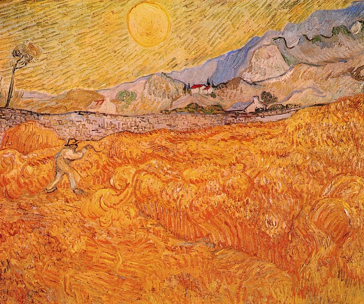 il sole, Vincent van Gogh, Wheat Fields, lavorando nel campo, con Reaper all'alba, Sfondo HD